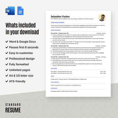 1-Column standard resume - designed for all professionals 2 columnresume 2column application career creative cv donwload downloadresume job jobapplication modern proffesional resume resumetemplate student template