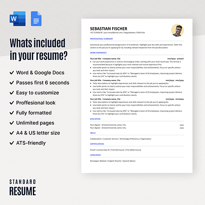 1-Column standard resume - designed for all professionals 2 columnresume 2column application career creative cv donwload downloadresume job jobapplication modern proffesional resume resumetemplate student template