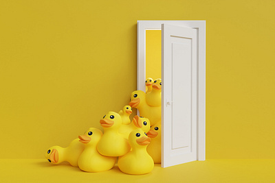 Yellow Rubber Ducks Falling Out Through an Open Door 3d 3d rendered 3dblender blender cartoon design ducks illustration rubber ducks yellow yellow background