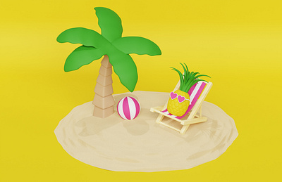 Summer Beach Island 3D Illustration 3d 3d illustration blender blender3d blenderrender cartoon design illustration palm tree pineapple 3d pineapple character relax summer summer time summer vacation sunglasses