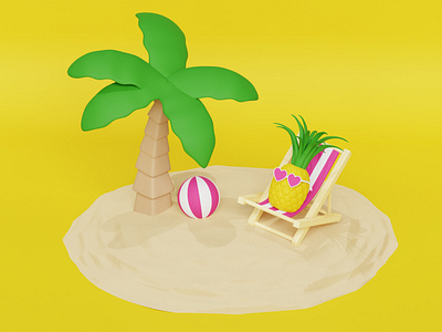 Summer Beach Island 3D Illustration 3d 3d illustration blender blender3d blenderrender cartoon design illustration palm tree pineapple 3d pineapple character relax summer summer time summer vacation sunglasses