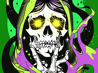 Skeletal Fortune Teller bold color creepy flat illustration green halloween illustration punk rock skeleton skull spooky traditional tattoo women skeleton