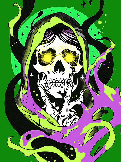 Skeletal Fortune Teller bold color creepy flat illustration green halloween illustration punk rock skeleton skull spooky traditional tattoo women skeleton