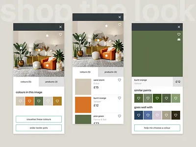 Shop the Look | B2C Ecommerce app design augmented reality b2c biege dark green diy ecommerce forest green home improvement interior design mobile mobile design orange paint pinterest product design tan ui ui design visual search engine