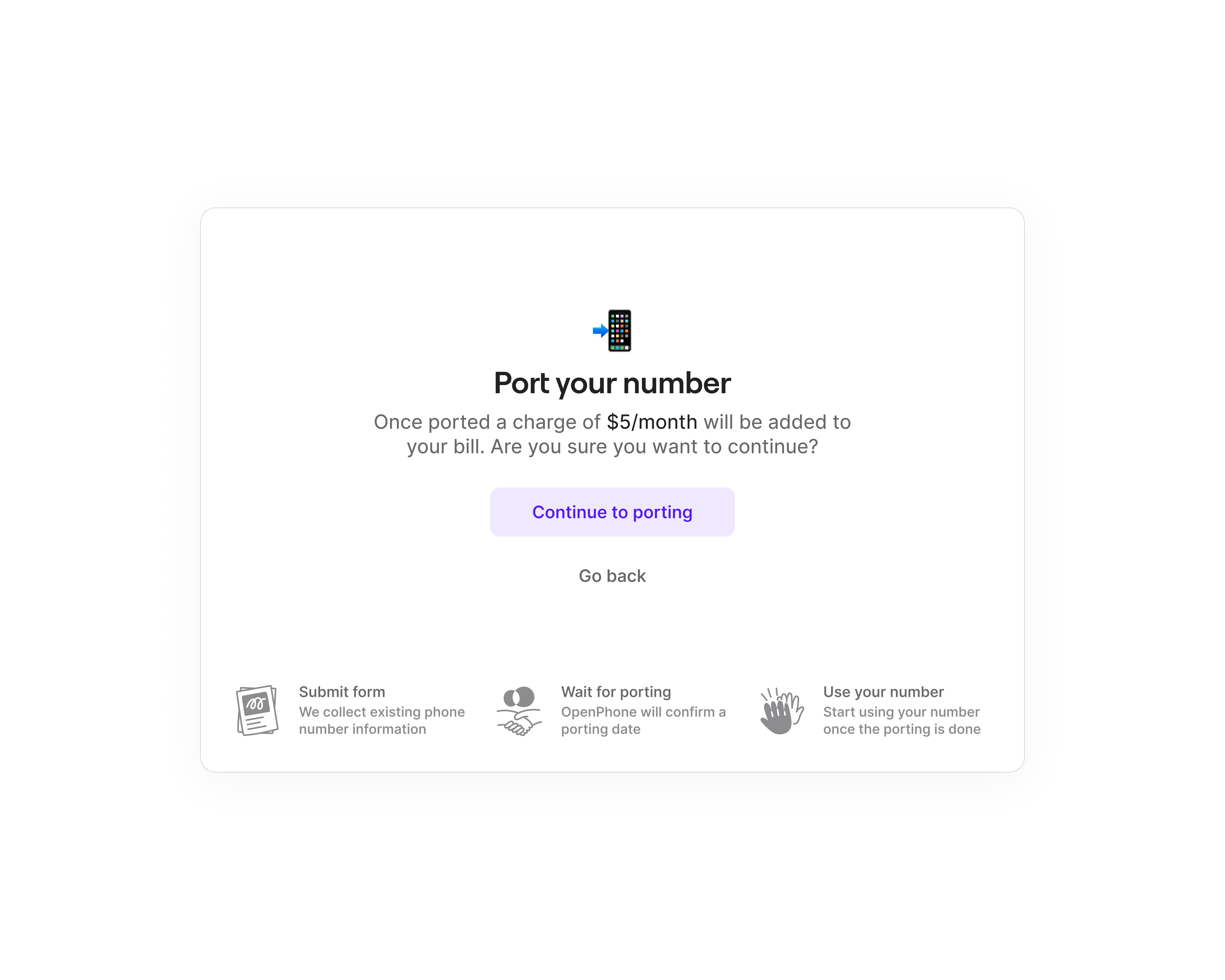 Port an existing number app calling chat clean confirmation desktop messaging minimal mobile modal onboarding phone popup pricing product design saas simple ui ux web app