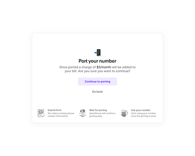 Port an existing number app calling chat clean confirmation desktop messaging minimal mobile modal onboarding phone popup pricing product design saas simple ui ux web app