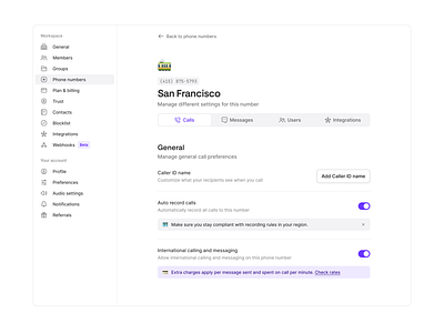 Call settings clean dashboard desktop integrations messages minimal mobile pagination phone product design saas settings sidebar simple tabs ui users ux web app workspace