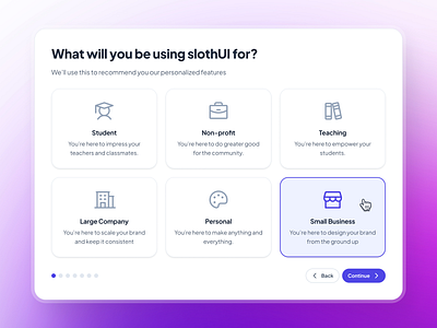 slothUI - World's Laziest Design System - Onboarding Popup UIUX clean design system figma gradient minimal modal ui modern onboarding onboarding card ui onboarding popup onboarding ui popup ui purple selection ui slothui soft ui ui design ui kit user onboarding ui