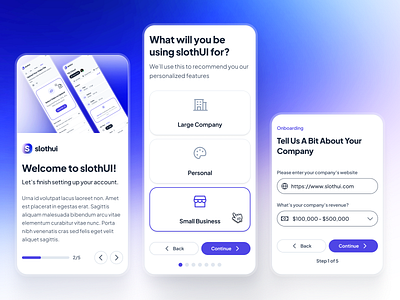 slothUI - World's Laziest Design System - Onboarding Mobile UIUX clean design system figma gradient minimal mobile mobile ui modal ui modern onboarding onboarding screen onboarding ui popup ui purple slothui soft ui ui design ui kit user onboarding ui