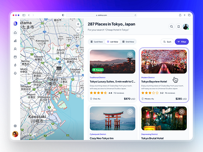 slothUI - World's Laziest Design System - Map Location Listing clean dashbaord dashboard ui design system figma gradient hotel listing ui listing card ui location listing ui map listing app map listing ui map ui minimal modern property listing ui purple slothui soft ui design ui kit