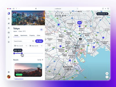 slothUI - World's Laziest Design System - Map Hotel Listing UI clean dashboard dashboard ui design system figma gradient hotel listing location listing map listing map listing ui map ui minimal modern property listing purple slothui soft ui ui design ui kit