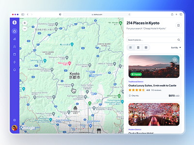 slothUI - World's Laziest Design System - Map Location Listing blue clean dashboard dashboard design dashboard ui design system figma gradient hotel listing location listing map ui minimal modern property listing purple slothui soft ui ui design ui kit