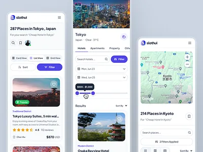 slothUI - World's Laziest Design System - Map Listing Mobile UI clean design system hotel listing ios app location listing location listing ui map listing map listing ui minimal mobile app mobile ui modern place listing property listing simple slothui soft ui ui design ui kit