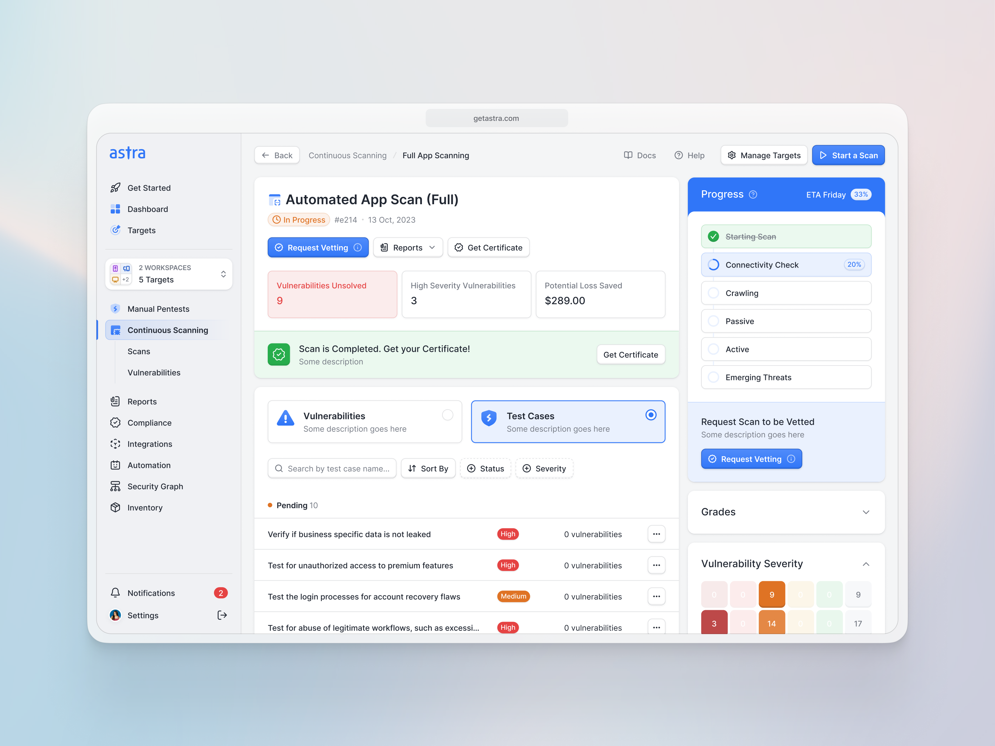 Continuous Scanning alerts pentest progress saas scaning stepper ui ux vulnerability