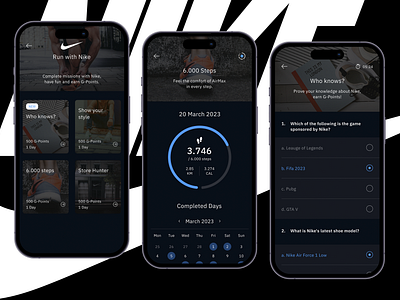 GamerCard - Nike Partnership Missions and Step Tracking calendar cards chart complete components engagement gamification graph header icon interface loyalty nike partnership points running sports task test workout