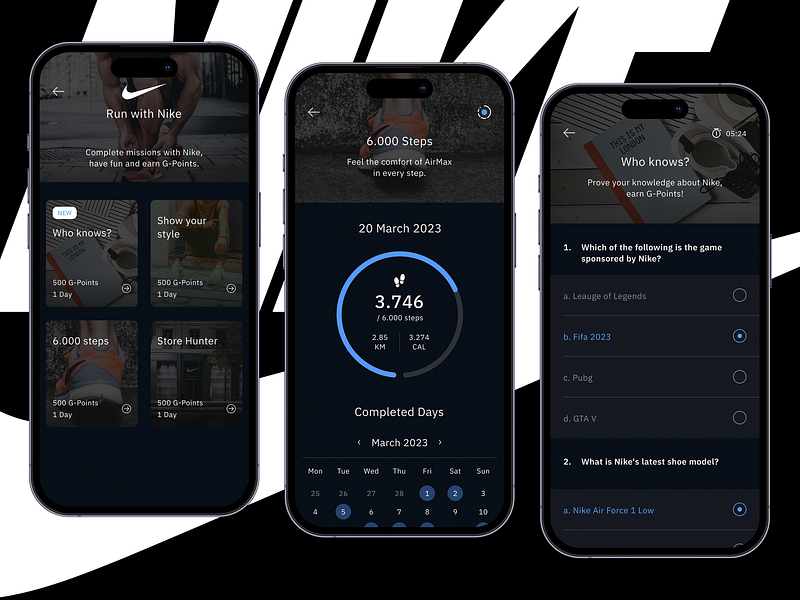 GamerCard - Nike Partnership Missions and Step Tracking calendar cards chart complete components engagement gamification graph header icon interface loyalty nike partnership points running sports task test workout