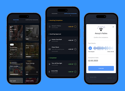 GamerCard App - Missions, Task Management & Completion Screens app daily dark defi earn finance game gamification interface loyalty management minimal mode play points productivity reward screen task ui