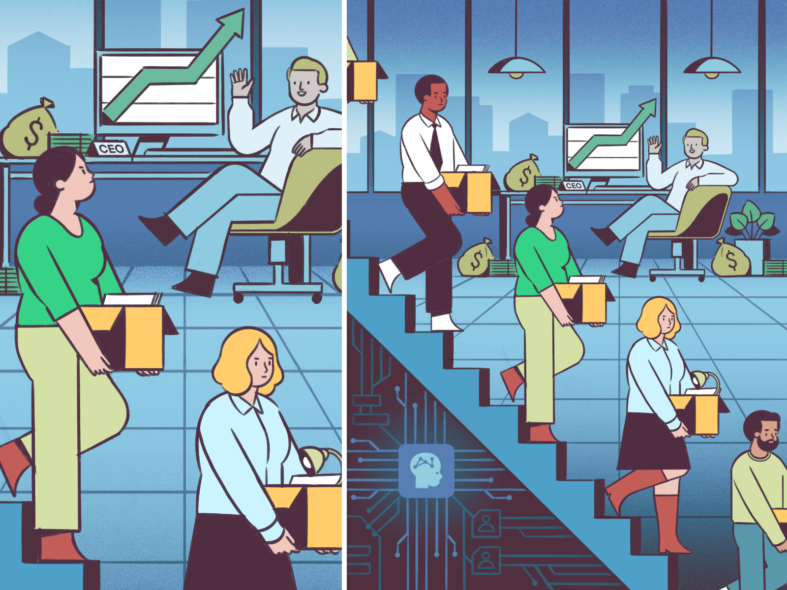 AI "revolution" ai big tech corporate economy editorial illustration illustration layoffs midcentury workers rights