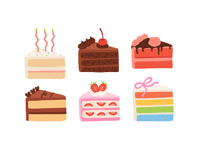 Cake slices set birthday cake cartoon concept cute design flat food illustration slice sweets vector