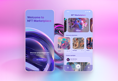 NFT Marketplace | Glassmorphism glassmorphism homepage light ui marketplace mobile app nft nft marketplace nft mobile app onboarding uiux design