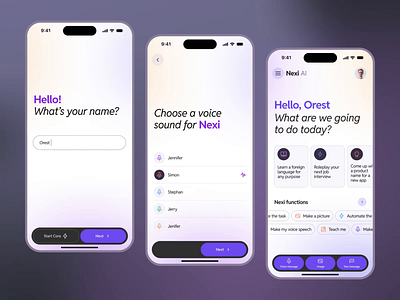AI Assistant Mobile App | Nexi AI ai ai assistant animation categories chat chatgpt graphic design home page mobile app mobile application motion onboarding screen profile tab bar ux ui voice messages welcome screen