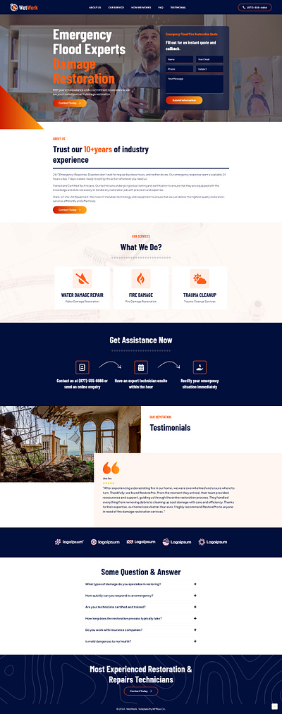 WetWork – Damage Restoration Landing Page best landing page damage restoration damage restoration landing page elementor template fire damage landing page landing page design water damage web design