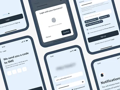 Dental tech authentication overview account authentication biometric code figma form get started login mobile notifications product design read and accept registration sign in sign up sms touch id ux