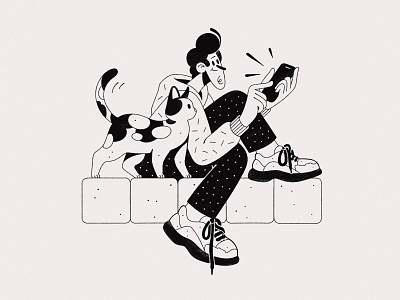 Curiosity black and white black ink cat curiosity graphic diary guy illustration laces sitting sketch smartphone sneakers thin line