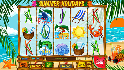 The Main UI for the Summer themed slot game design gambling gambling art gambling design game art game design gaming gaming art graphic design slot design slot machine summer holidays summer slot summer themed summer vaction ui ui design vacation