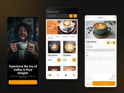 CoffeeCraze - Flutter Mobile App Design animation app branding coffee design flutter graphic design illustration logo mobile typography ui ux vector