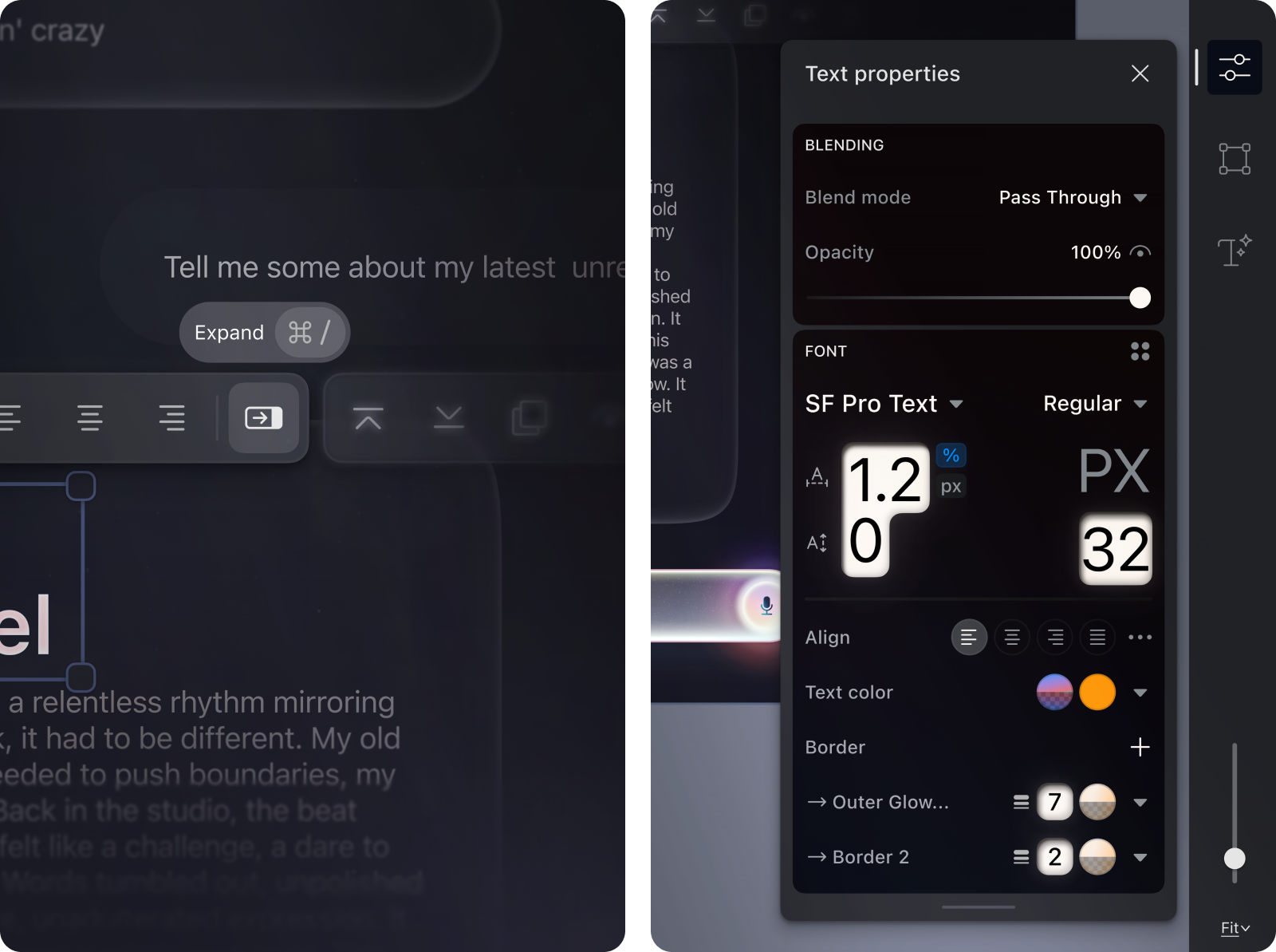 Text Editor - Font Properties Panel and Generative AI Rich Text ai app design design tool font editor generative ai glass glossy html inspiration rich text text editor tool toolset typography ui ui design ux ux design web app