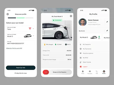 EV Station Charge and Profile Screen Design | Friday Tech Labs agency charging create profile design ecommerce ev iot menu product design profile