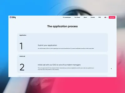 Bliq / careers about app call to action career cta design interaction interactive design steps timeline ui webdesign website