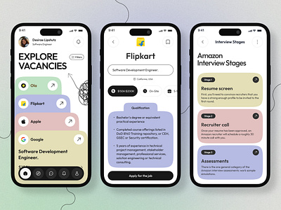 Mobile App Design for Job Vacancies and Interview Stages appdesigninspiration appui appux creativedesign designcommunity designinspiration designshowcase digitaldesign interfacedesign interviewstages jobhunt jobsearchapp jobvacancies mobileappdesign mobiledesign techdesign ui uidesign userinterface uxdesign