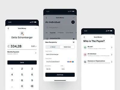 Send Money Process - Painy android apps clean create payment debit debit card e wallet flow ios minimalism mobile app mockup money pay payment payment details send money ui uiux userflow