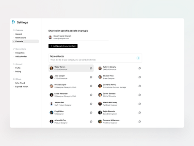 Calendar web app UI - ChronoCal (Contact Setting) calendar calendar software contact setting contacts dashboard design general setting global setting minimal navigation product design product designer saas design saas product saas ui setting software design time management ui design web app web app design
