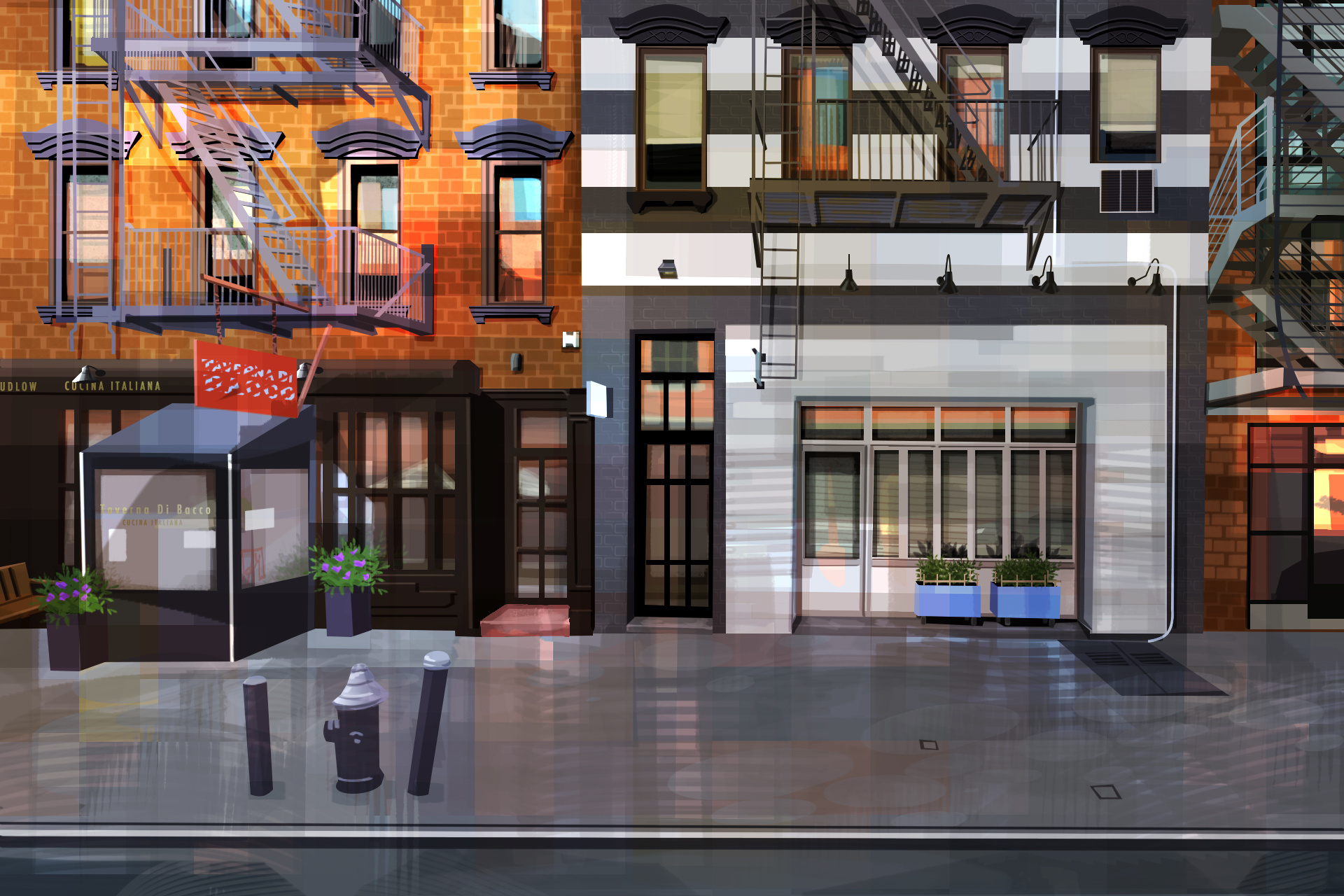 Sunny Neighbourhood architecture city colourful illustration new york ny print street vector