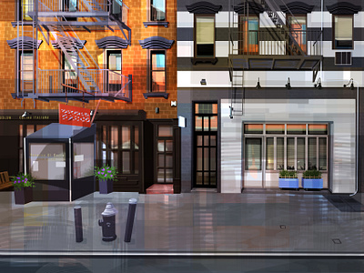 Sunny Neighbourhood architecture city colourful illustration new york ny print street vector