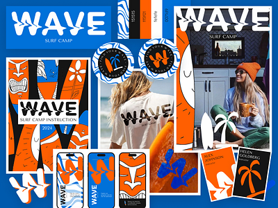 Wave Surf Camp Brand Identity Design black blue brand branding camp concept design graphic design identity illustration inhensweb label logo modern orange surf ui visual