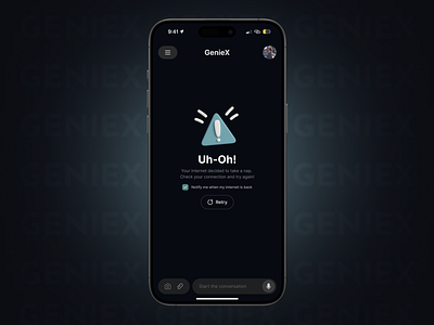 Connection Error Page - GenAI Chatbot 404 404 error 404 error page ai ai chatbot chatting app error page genai graphic design minimal ui minimal ui design ui ui design uiux ux ux design