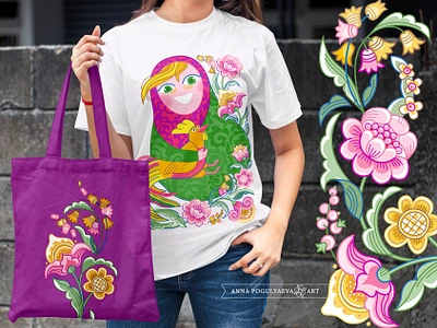 Matryoshka and Petya Rooster. Print in Russian style annapogulyaeva annapogulyaeva art branding character design doll floral pattern graphic design illustration matryoshka ornament petya rooster rooster russian doll russian fairy tale slavic mythology textile design tracery