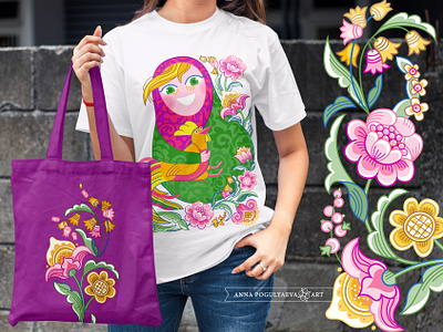 Matryoshka and Petya Rooster. Print in Russian style annapogulyaeva annapogulyaeva art branding character design doll floral pattern graphic design illustration matryoshka ornament petya rooster rooster russian doll russian fairy tale slavic mythology textile design tracery