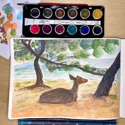 Meditating in Miyajima Island animal art beach calm contemplation deer illustration island japan memory miyayima natasha gonzalez nostalgia peaceful poetic sketchbook tranquility travel watercolor watercolour