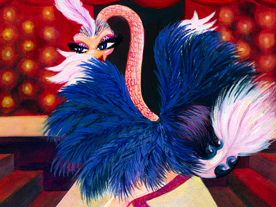 Burlesque Ostrich | Gouache Paint Illustration animal art art prints artwork bird burlesque cartoon character commission concept art dance freelance gouache illustration illustrator ostrich paint painting wall art watercolor