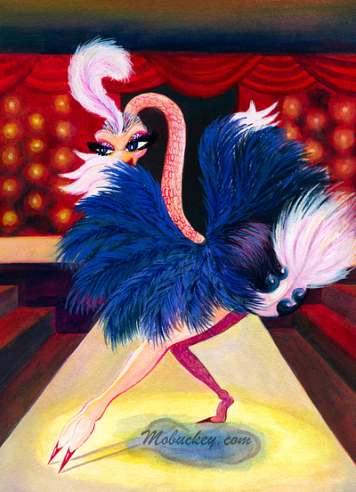 Burlesque Ostrich | Gouache Paint Illustration animal art art prints artwork bird burlesque cartoon character commission concept art dance freelance gouache illustration illustrator ostrich paint painting wall art watercolor