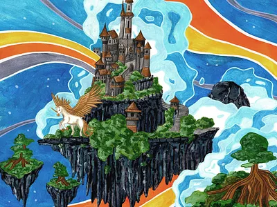 CASTLES AND UNICORNS ILLUSTRATION​​​​​​ castles childrens illustration clouds digital art fantasy world illustration mixed medium illustration painting rainbows unicorns