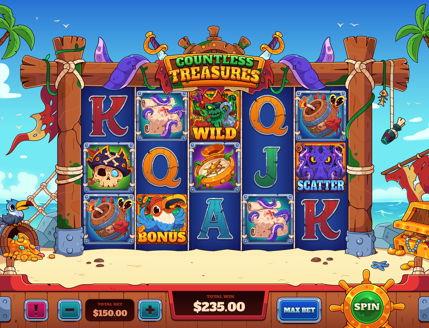 Countless Treasures: Slot Game art casino casino game gambling game game interface game ui gaming illustration ocean online casino pirates ship shipwreck slot slot art slot game slot machine slots