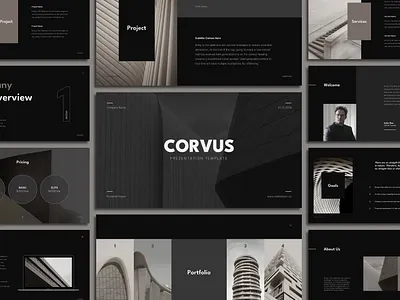 Corvus Presentation Template agency architecture presentation beige black bold canva pitch deck dark keynote slide deck marketing minimalist modern powerpoint presentation