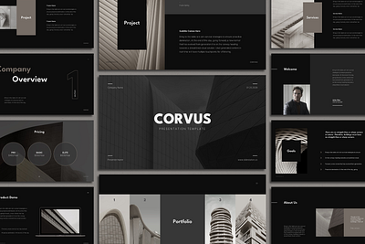Corvus Presentation Template agency architecture presentation beige black bold canva pitch deck dark keynote slide deck marketing minimalist modern powerpoint presentation