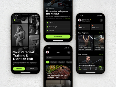 Workout & Nutrition App app branding dark fitness food graphic design health ios iphone logo menu minimal mobile mockup nutrition onboarding sport welcome workout yoga